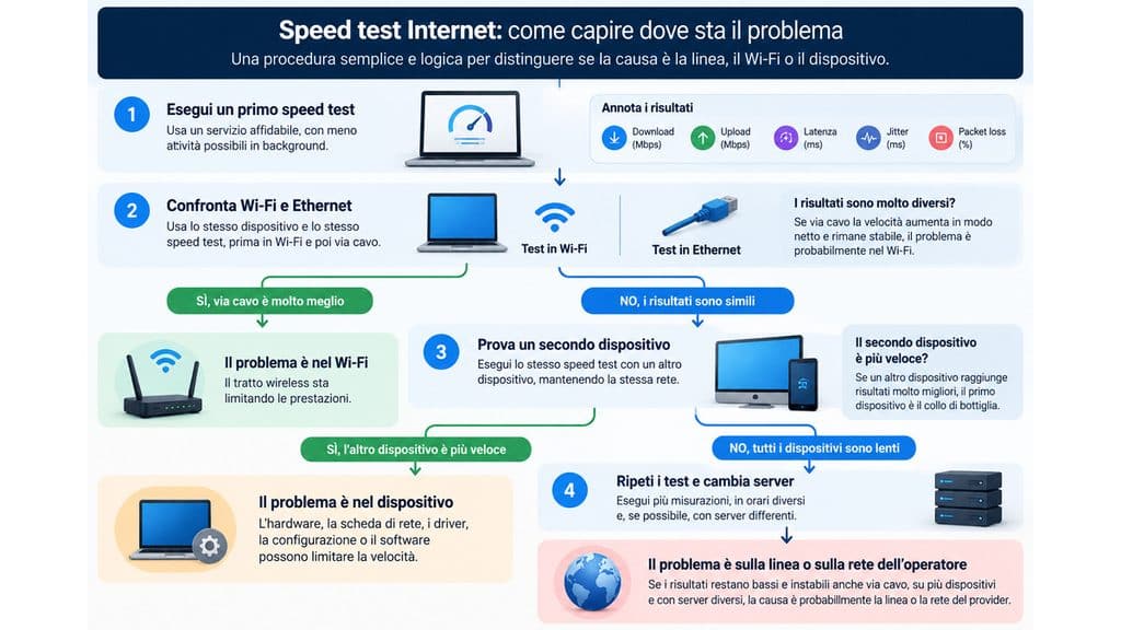 Speed test Internet: come farlo bene e leggere davvero i risultati 1 Procedura per distinguere problemi della linea Internet, del Wi-Fi e del dispositivo con uno speed test