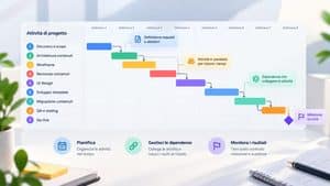 Diagramma di Gantt con attività di progetto, dipendenze, settimane e milestone di go-livef