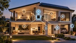Casa domotica con illuminazione, climatizzazione, sicurezza e dispositivi collegati