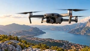 Home 7 Drone multirotore con telecamera in volo sopra un paesaggio montano