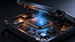 Scheda elettronica aperta con microchip centrale e livelli di codice luminoso che rappresentano il firmware integrato nell’hardware