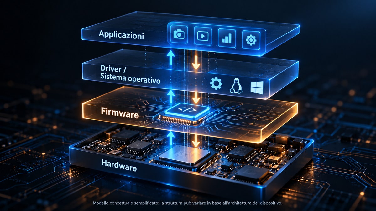 Firmware: cos’è, a cosa serve e come funziona 1 Diagramma a quattro livelli con hardware, firmware, driver o sistema operativo e applicazioni collegati tra loro