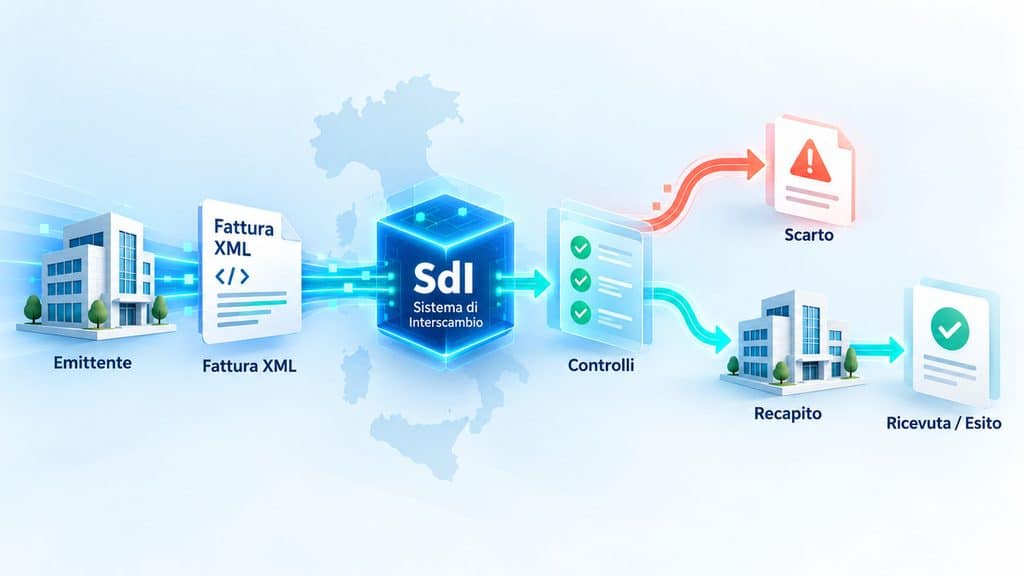 Sistema di Interscambio (SdI): cos’è, come funziona e cosa controlla 1 Flusso della fattura elettronica: emittente, XML, SdI, controlli, scarto o recapito e ricevuta
