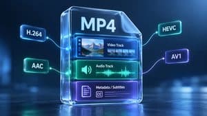 Home 8 Formato MP4 rappresentato come contenitore con tracce video, audio, metadati e codec