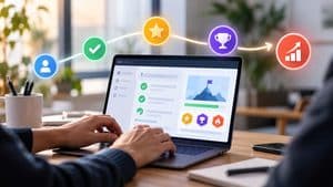 Home 8 Persona al laptop con un percorso di gamification rappresentato da progressi, obiettivi e ricompense