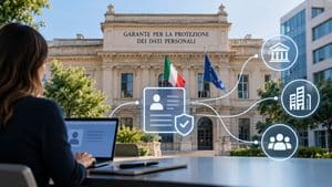 Illustrazione del Garante Privacy come autorità di controllo tra cittadini, dati personali e organizzazioni