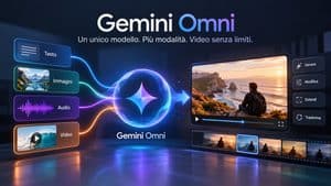 Home 9 Gemini Omni con input testo, immagini, audio e video che convergono nella generazione e modifica di un video