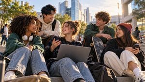 Gruppo di giovani della Generazione Z tra relazioni, tecnologia e vita digitale