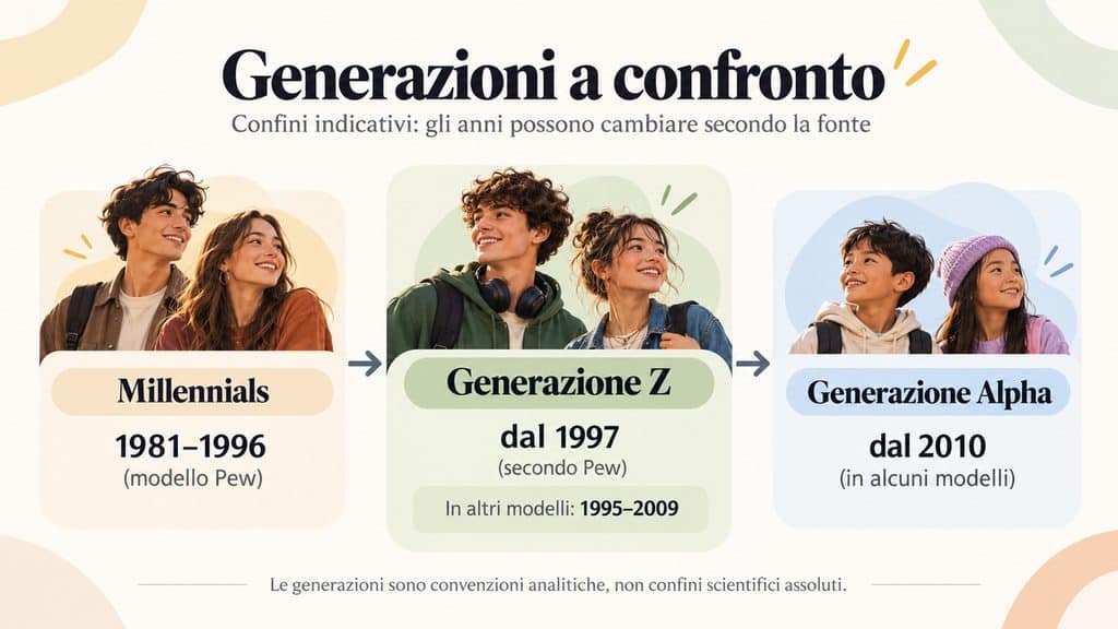 Generazione Z: chi sono, anni, caratteristiche e cosa la distingue davvero 1 Confronto tra Millennials, Generazione Z e Generazione Alpha con anni indicativi