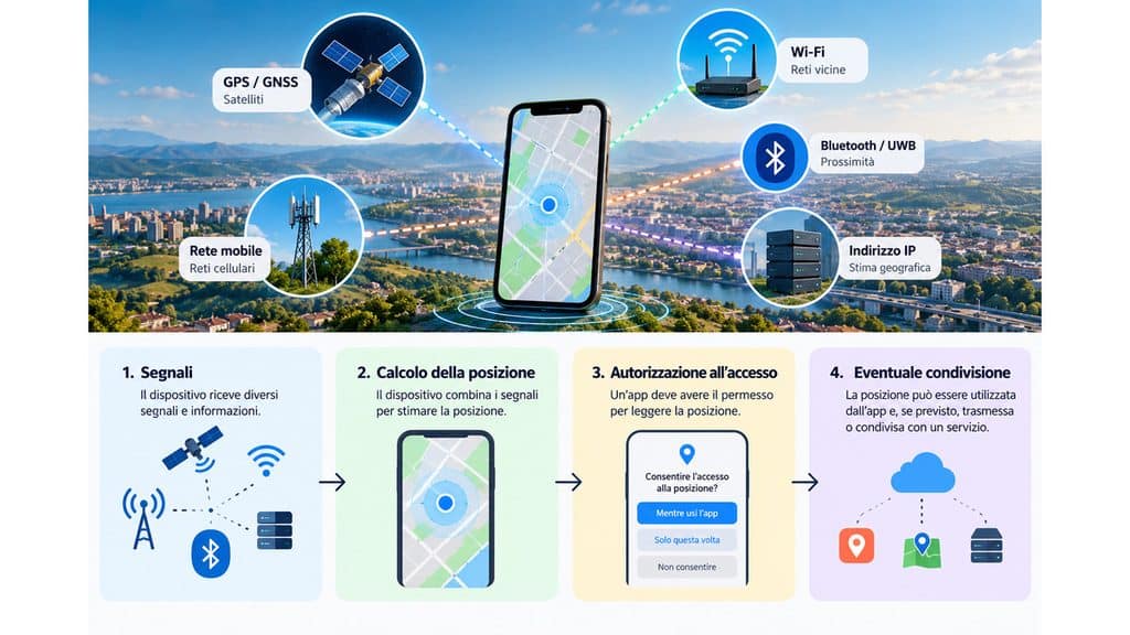 Geolocalizzazione: cos’è, come funziona e quali dati usa davvero 1 Schema del funzionamento della geolocalizzazione dai segnali alla condivisione della posizione