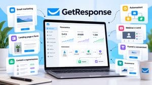 Illustrazione di GetResponse con strumenti per email marketing, automazioni, landing page, webinar, funnel ed ecommerce