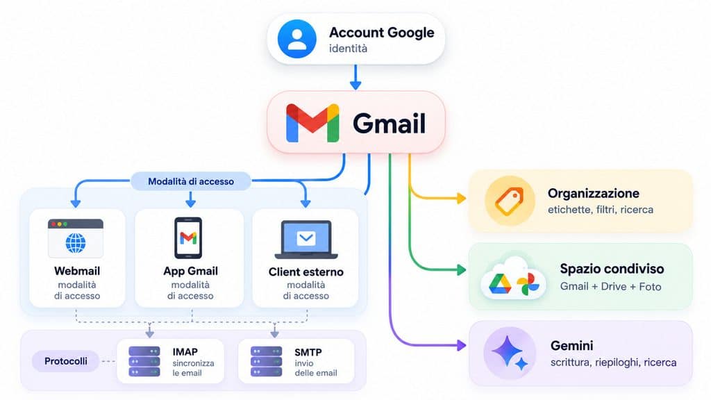 Gmail: cos’è, come funziona e come usare la posta di Google 1 Schema di Gmail con Account Google, Webmail, app, client esterni, IMAP, SMTP, spazio condiviso e Gemini