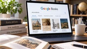 Laptop con Google Books aperto durante una ricerca di libri di storia dell’arte