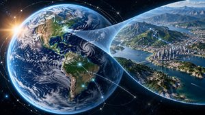 Illustrazione di Google Earth con il globo terrestre e uno zoom su un paesaggio urbano 3D