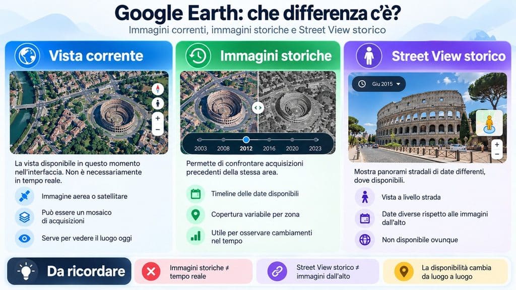 Google Earth: cos’è, come funziona e quale versione scegliere 2 Infografica che distingue vista corrente, immagini storiche e Street View storico in Google Earth
