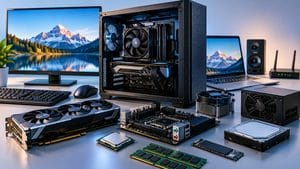 Componenti hardware di un computer con CPU, RAM, scheda madre, GPU e unità di archiviazione