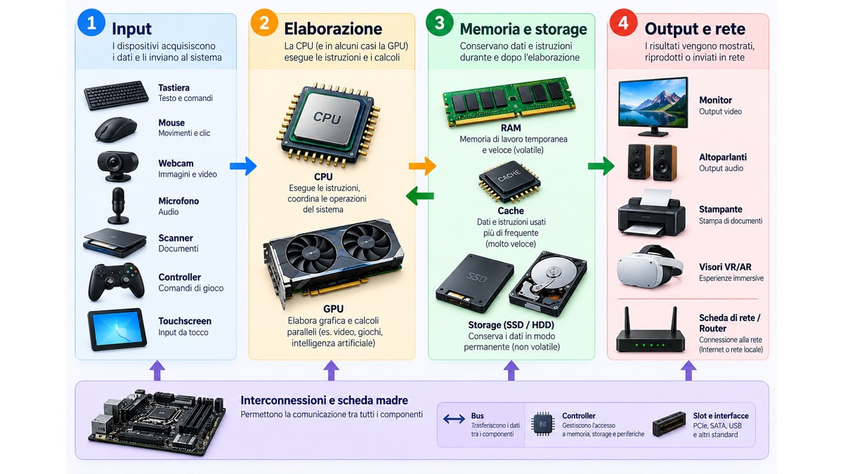 Hardware: cos’è, come funziona e quali sono i componenti principali 2 Schema dei componenti hardware organizzati in input, elaborazione, memoria e storage, output e rete