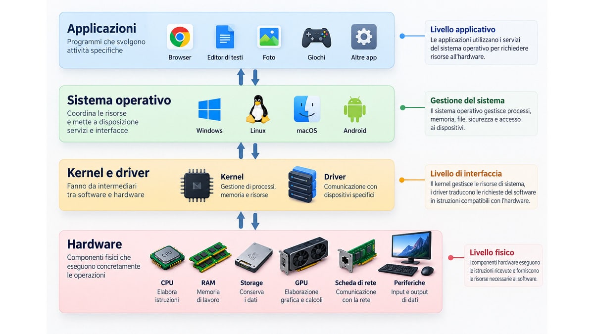Hardware: cos’è, come funziona e quali sono i componenti principali 1 Schema dei livelli applicazioni, sistema operativo, kernel e driver fino ai componenti hardware