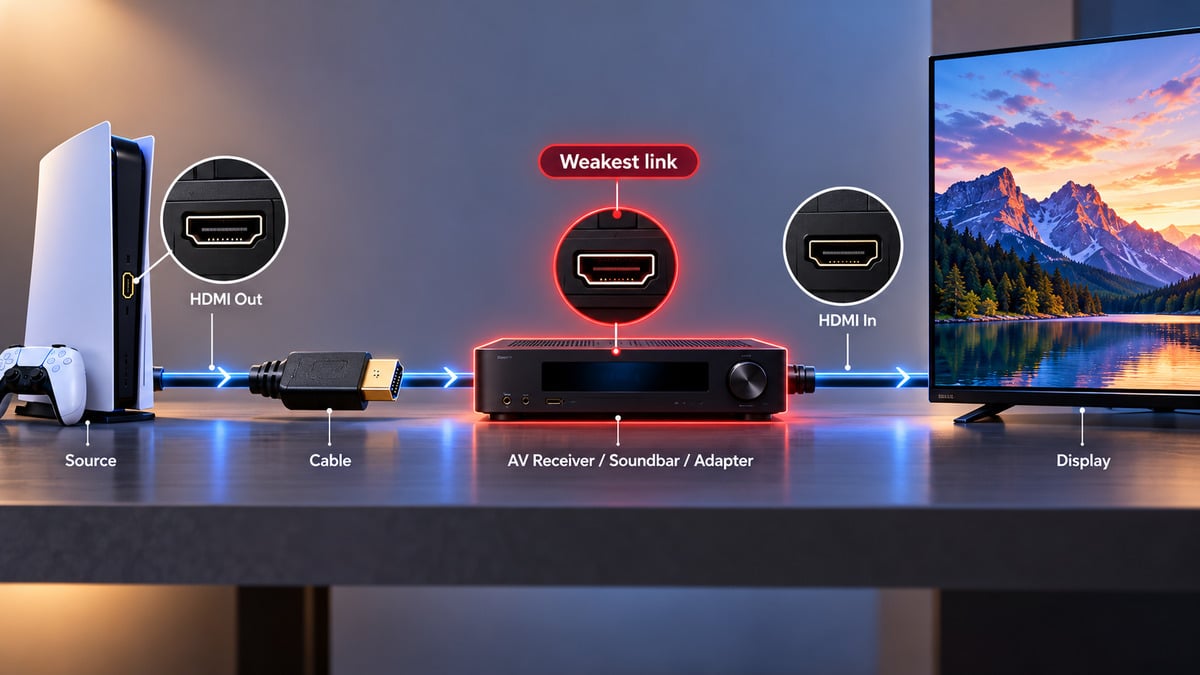 HDMI: cos’è, come funziona e quale porta o cavo ti serve 1 Schema della catena HDMI da sorgente a display con ricevitore AV evidenziato come possibile anello debole.