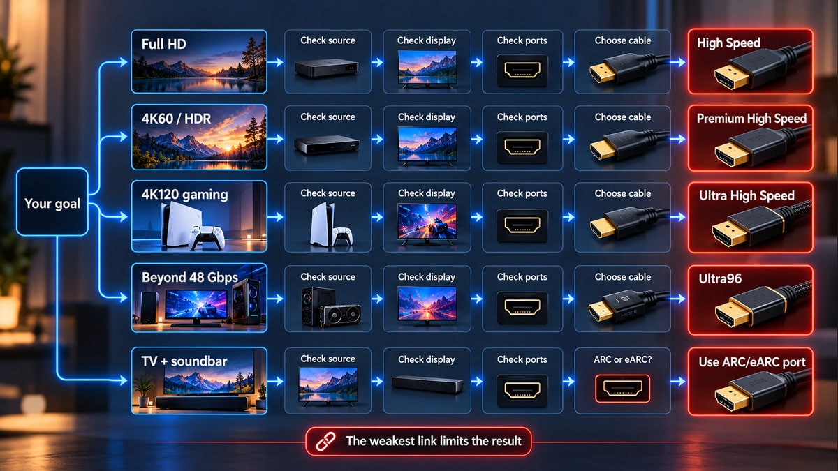 HDMI: cos’è, come funziona e quale porta o cavo ti serve 2 Diagramma decisionale per scegliere il cavo HDMI in base a Full HD, 4K60 HDR, 4K120, oltre 48 Gbps e ARC o eARC.