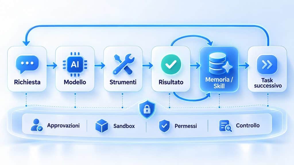 Hermes Agent: cos’è, come funziona e quando conviene usarlo 1 Diagramma del flusso di Hermes Agent: richiesta, modello, strumenti, risultato, memoria e skill con controlli di sicurezza