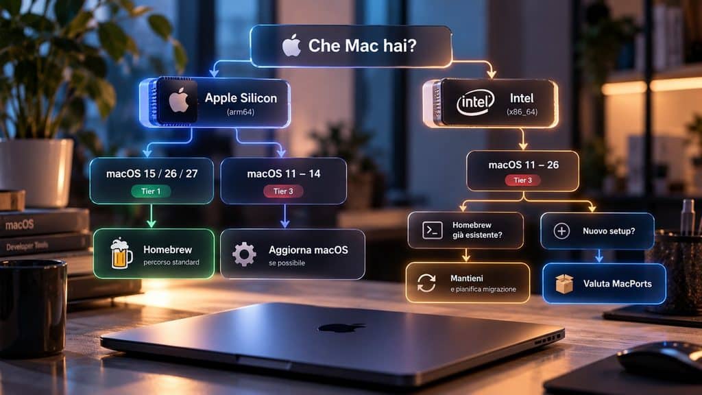 Homebrew su Mac: cos’è, come installarlo e gestire software con brew 2 Mappa decisionale Homebrew per Mac Apple Silicon e Intel in base a macOS e Support Tier