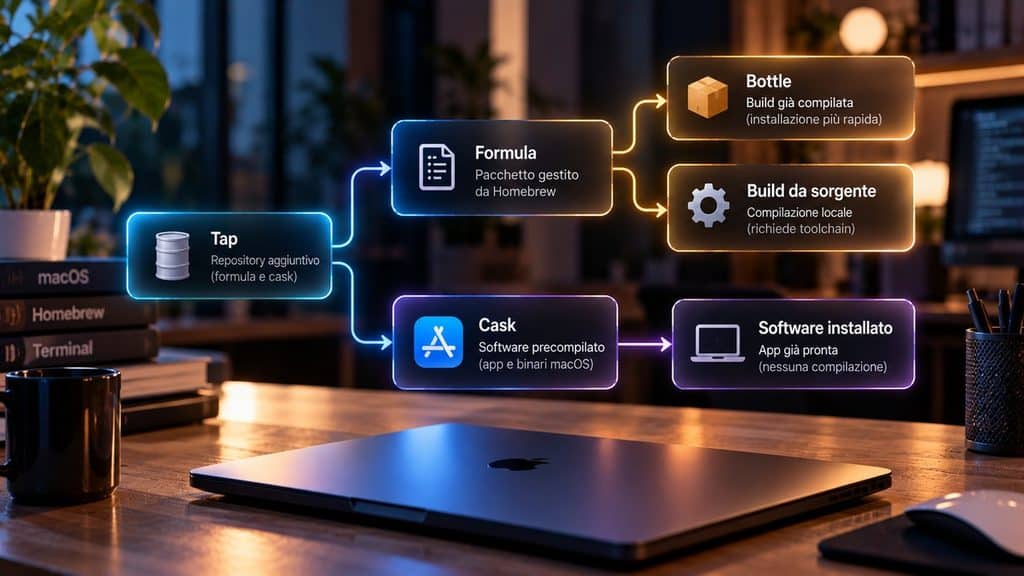Homebrew su Mac: cos’è, come installarlo e gestire software con brew 1 Schema Homebrew con Tap, Formula, Cask, Bottle e compilazione da sorgente