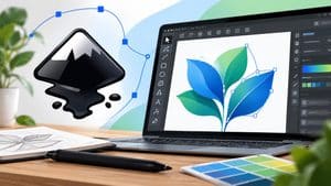 Illustrazione di un editor vettoriale con tracciati Bézier, nodi e una foglia disegnata in vettoriale