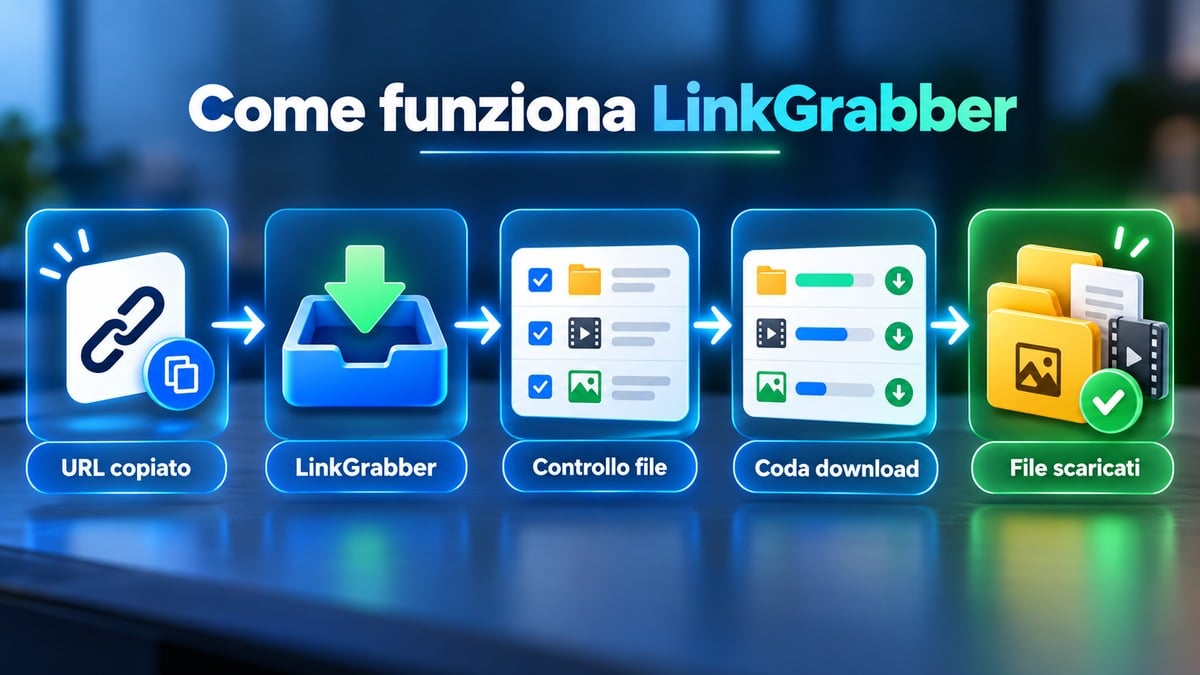 JDownloader 2: cos’è, come funziona e come usarlo in sicurezza 1 Schema del flusso da un URL copiato al download dei file tramite LinkGrabber in jdownloader