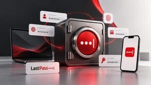 Home 8 Cassaforte digitale LastPass con credenziali, computer e smartphone