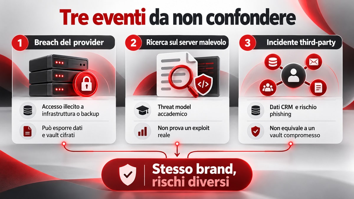 LastPass: cos’è, come funziona, prezzi, sicurezza e alternative 1 Schema che distingue breach del provider, ricerca sul server malevolo e incidente third-party LastPass