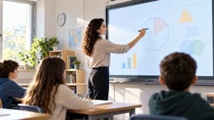 Docente utilizza una lavagna interattiva multimediale durante una lezione in aula