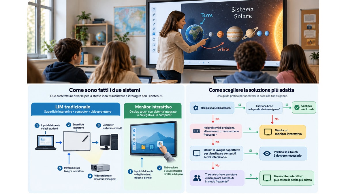 LIM: cos’è, come funziona e cosa cambia con i monitor interattivi 2 Schema decisionale per scegliere tra LIM tradizionale e monitor interattivo in base a utilizzo, proiezione e necessità del touch