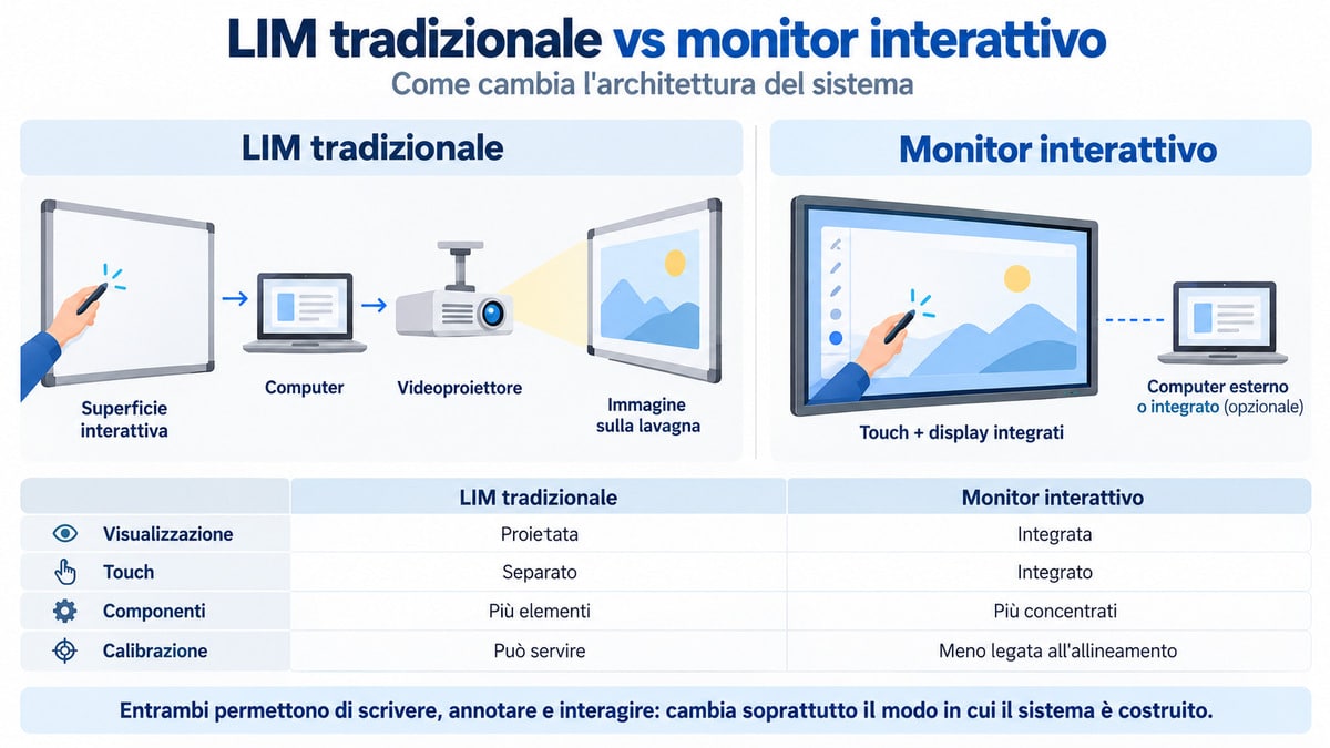LIM: cos’è, come funziona e cosa cambia con i monitor interattivi 1 Schema delle differenze tra LIM tradizionale con computer e videoproiettore e monitor interattivo con display touch integrato