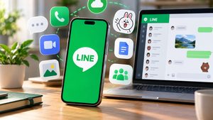 Home 8 LINE app su smartphone e computer con funzioni di messaggistica e comunicazione multi-device