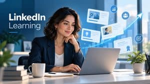 Professionista al laptop con elementi grafici dedicati a LinkedIn Learning, formazione online e crescita professionale