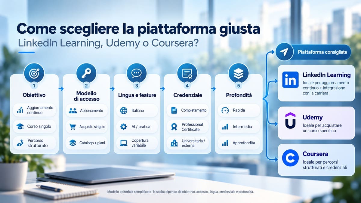 LinkedIn Learning: cos’è, come funziona, quanto costa e se conviene 1 Schema decisionale per scegliere tra LinkedIn Learning, Udemy e Coursera in base a obiettivo, accesso, lingua, credenziale e profondità