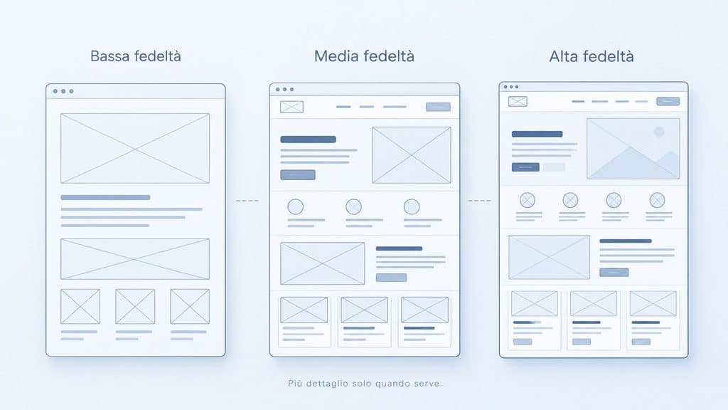 Wireframe: cos’è, a cosa serve e come crearne uno per un sito web 1 Confronto tra wireframe a bassa, media e alta fedeltà con livello di dettaglio crescente