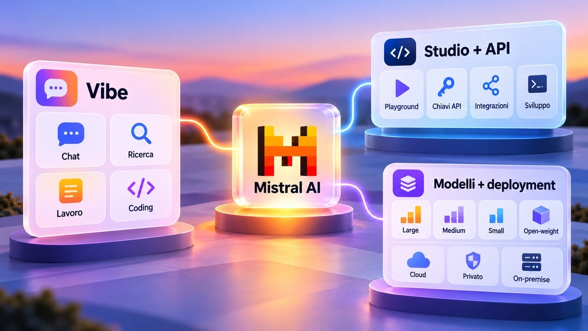 Mistral AI: cos’è, come funziona e cosa offre oggi 1 Schema dell’ecosistema Mistral AI con Vibe, Studio e API, modelli e opzioni di deployment