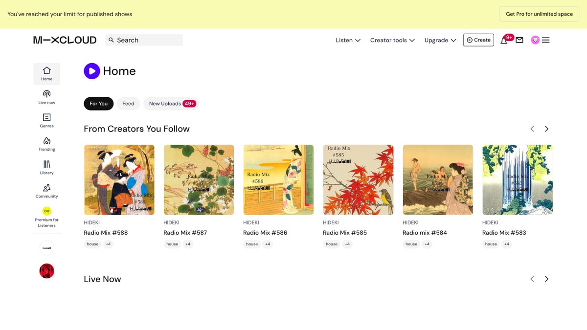 Mixcloud: cos’è, come funziona e cosa offre a DJ e ascoltatori 1 Dashboard di Mixcloud con avviso del limite di show pubblicati e pulsante per passare a Pro