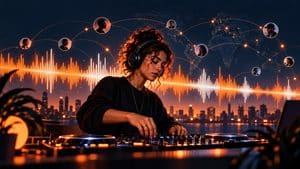 DJ al mixer con waveform e rete globale di ascoltatori, concept editoriale su Mixcloud