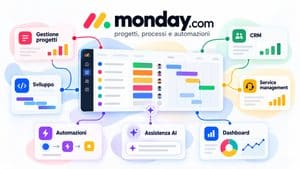 Illustrazione di monday.com con gestione progetti, CRM, sviluppo, service management, automazioni, AI e dashboard collegati a un workflow centrale.