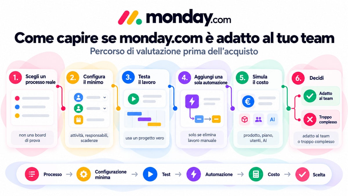 monday.com: cos’è, come funziona e quando conviene usarlo 2 Percorso in sei passaggi per valutare monday.com prima dell’acquisto, dal processo reale alla simulazione del costo e alla scelta finale.