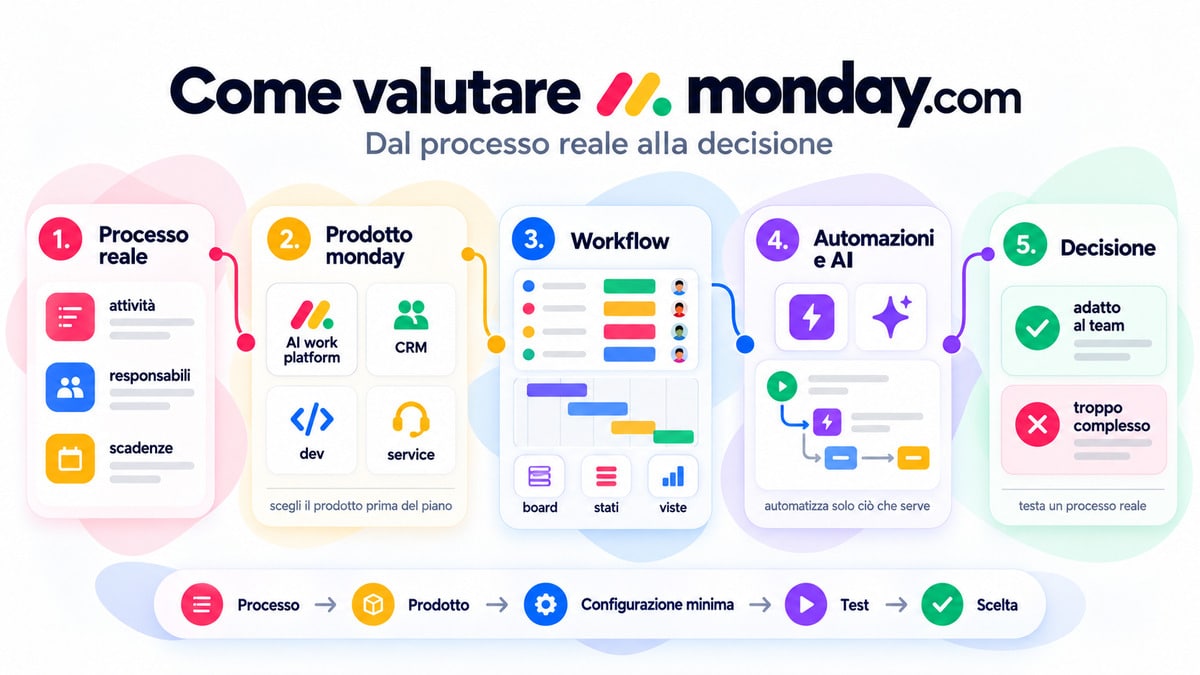 monday.com: cos’è, come funziona e quando conviene usarlo 1 Diagramma in cinque fasi per valutare monday.com: processo reale, prodotto monday, workflow, automazioni e AI, decisione.