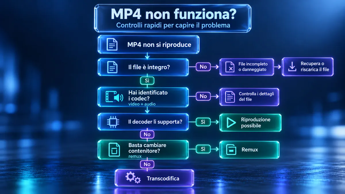 Formato MP4: cos’è, come funziona, come aprirlo e perché a volte non si riproduce 2 Diagramma per diagnosticare un MP4 che non si riproduce verificando file, codec, decoder, remux e transcodifica