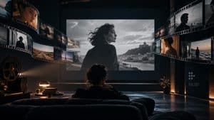 Spettatrice davanti a una proiezione cinematografica circondata da fotogrammi, visual editoriale dedicato a MUBI