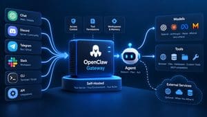 OpenClaw Gateway collegato a canali di chat, agente AI, modelli, strumenti e servizi esterni