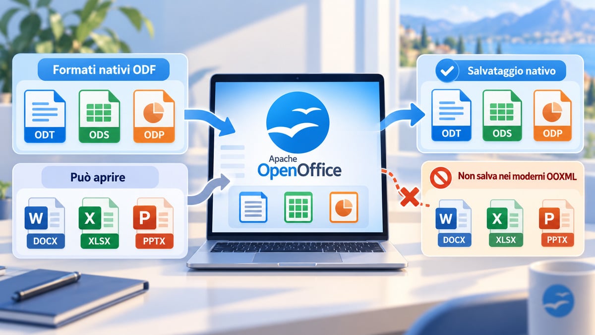 Apache OpenOffice: cos’è, come scaricarlo e quando conviene usarlo 1 Schema della compatibilità di OpenOffice con ODT, ODS, ODP, DOCX, XLSX e PPTX