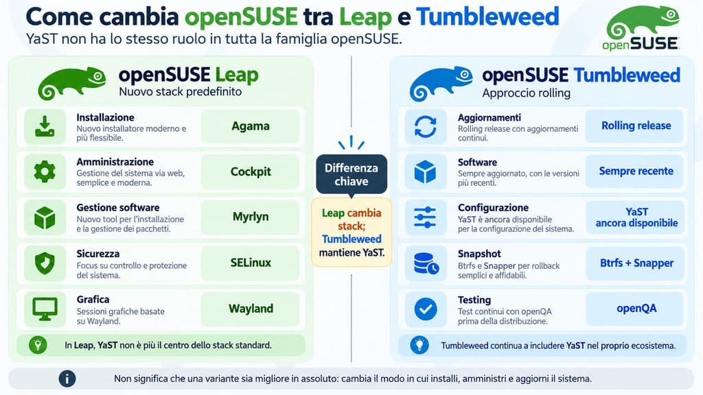 openSUSE: cos’è, Leap o Tumbleweed e quale scegliere 2 openSUSE Leap e Tumbleweed: come cambia lo stack