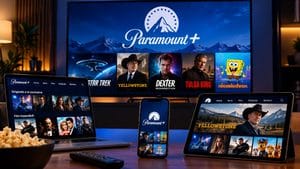Home 8 Paramount+ su TV, smartphone, laptop e tablet in un ambiente domestico